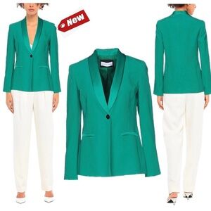 Caractere emerald green satin trim single breasted tailored blazer jacket US 10